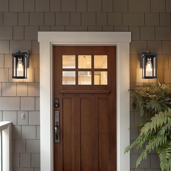 mirrea 11" Classic Outdoor Wall Sconce 1 Light in Matte Black Rectangular Metal Frame and Clear Glass Shade Waterproof Porch Light Patio Light Pack of 2-Ruum Studio Home