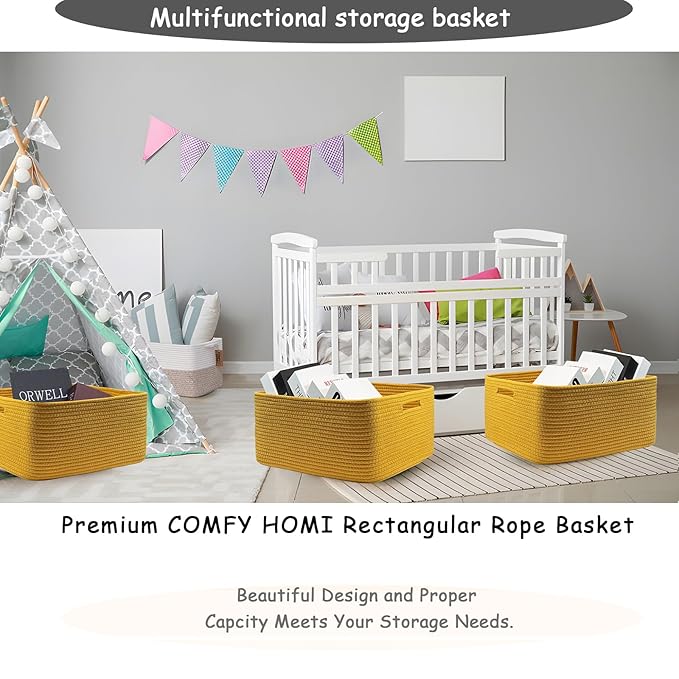 COMFY-HOMI Cotton Rope Woven Basket with Handles for Shelves,Toys,Book, Cloth Storage Baskets for Organizing-17" x 13" x 7.5" Toy Decorative Organizer for Living Room, Bathroom （Yellow）-Ruum Studio Home