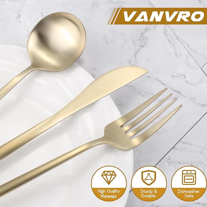 Matte Champagne Gold Silverware Set, 60-Piece Stainless Steel Flatware set, Service for 12, Tableware Cutlery Set, Satin Finish,Utensils for Kitchen, Dishwasher Safe-Ruum Studio Home