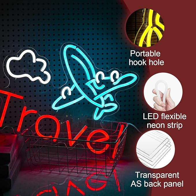 Travel Neon Sign USB Airplane LED Light Up Sign for Wall Decor Dimmable 12.2 * 16.5 In Go To Tranel Neon Light for Airport Travel Agency Bedroom(Ice Blue Red White)-Ruum Studio Home