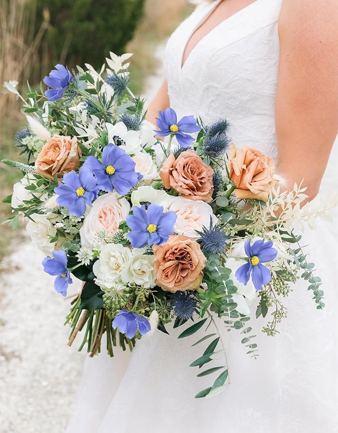 IPOPU Blue Flowers Artificial Cosmos 5PCS Fake Blue Wildflowers 24.5" Fake Daisies for Home Decor Indoor Faux Wild Flowers for Floral Arrangements Wedding Centerpiece-Ruum Studio Home