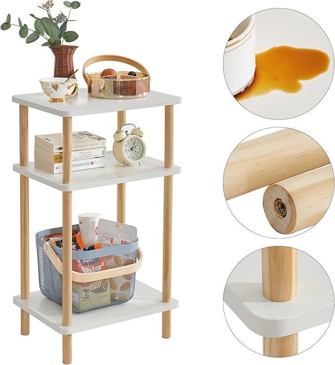 IBUYKE 3-Tier Side Table, Solid Wood Tall End Table with Storage Shelves, Nightstand Bedside Table for Living Room Bedroom Office, No-Tool Assembly, White UWST003W-Ruum Studio Home