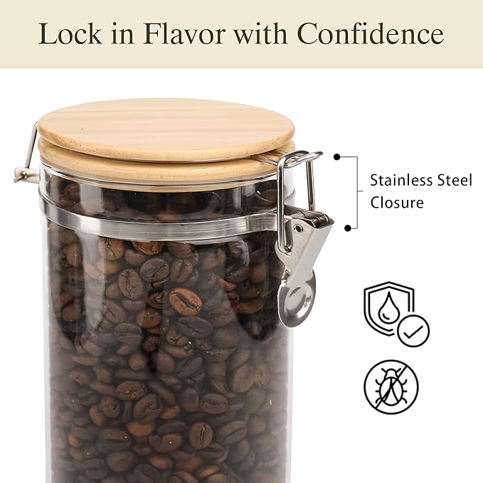 Glass Storage Jars Set Elegant Containers with Airtight Bamboo Lids, Perfect for Kitchen Organization - Flour, Rice, Pasta, Sugar, Coffee Beans, Accessories Included (Coffee Jar x 2)-Ruum Studio Home