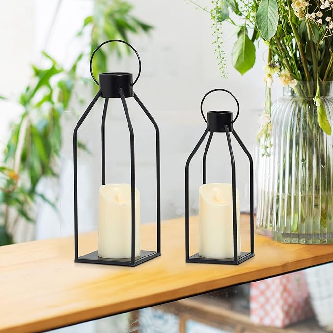 HPC Decor Modern Farmhouse Lanterrn Decor- Black Metal Candle for Summer Night- Lanterns w/Timer Flickering Candles for Living Room,Home,Indoor, Outdoor,Table,Fireplace Mantle Décor-Ruum Studio Home