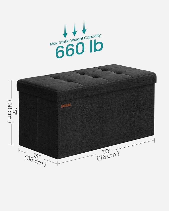 SONGMICS Mazie Collection - 30 Inches Folding Storage Ottoman Bench, Ottoman Foot Rest, End of Bed Bench, Storage Chest, Load 660 lb, for Living Room, Bedroom, Entryway, Ink Black ULSF047B01-Ruum Studio Home