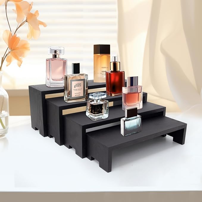 Large Display Wood Risers Wooden Stand 8 Tier Wood Racks Decorative Rectangular, 2 Set 8 Piece Cupcake Stands Cologne Perfume Organizer Dessert Showcase Items(black)-Ruum Studio Home