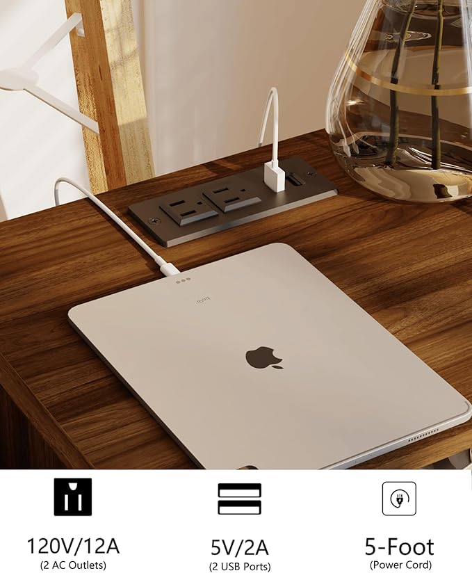 Rattan Nightstand with Outlet,Modern Bedside Table with Storage Drawer and Open Wood Shelf, for Living Room, Bedroom and Small Spaces, Accent Night Stand with Solid Wood Legs,Walnut Brown-Ruum Studio Home