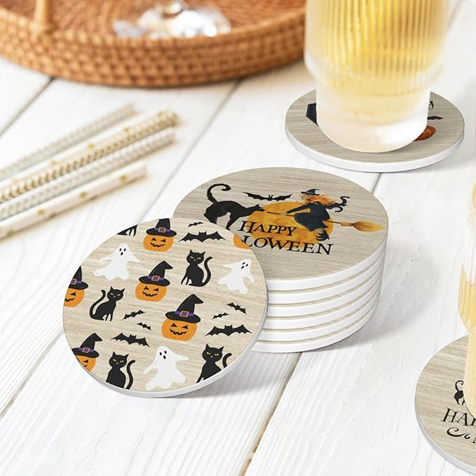 Halloween Coaster for Drinks Set of 6 with Metal Holder and Cork Base Ceramic Drink Coasters Absorbent Cup Mat Non-Slip for Home Kitchen Office Table Decor, 4 Inch-Ruum Studio Home