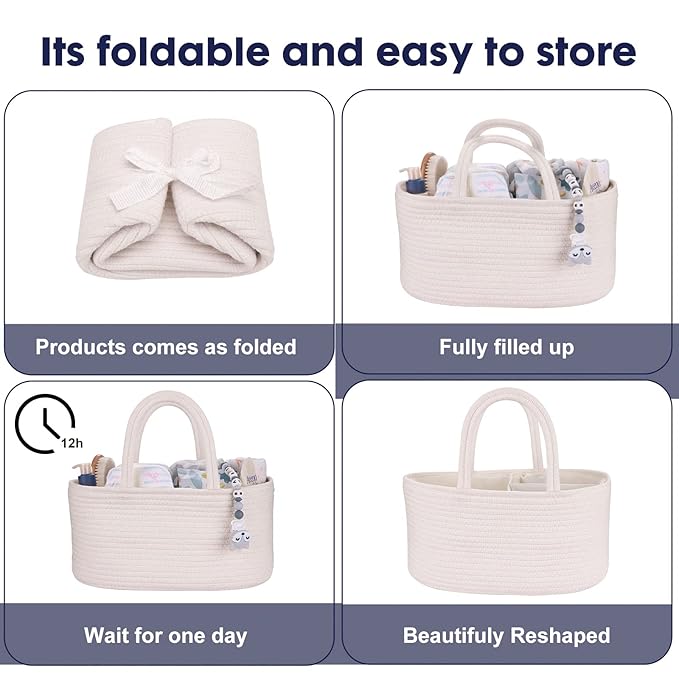 Baby Diaper Caddy Organizer for Girl Boy Cotton Rope Nursery Storage Bin Basket Portable Holder Tote Bag for Changing Table Car Travel Baby Shower Gifts Newborn Essentials Registry Must Haves White-Ruum Studio Home