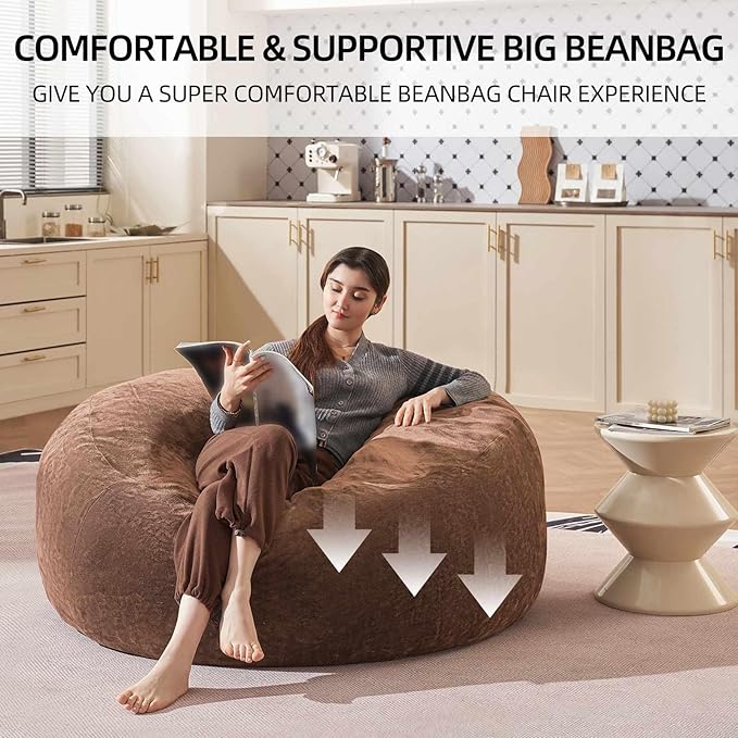 Bean Bag Chair 4Ft, Memory Foam Filled, Large Beanbag Chairs for Adults and Teens, Soft Sofa with Removable Flannel Cover, Round Couch for Living Room Bedroom College Dorm (Coffee, 4FT-47×47"×24")-Ruum Studio Home