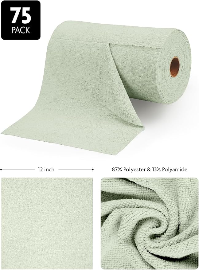 Fantasticlean Microfiber Cleaning Cloth Roll -75 Pack, Tear Away Microfiber Towels, 12" x 12", Reusable, Washable, Scratch Free, Ultra Absorbent Dish Rags for Car, Home, Garage or Shop (Moss Green)-Ruum Studio Home