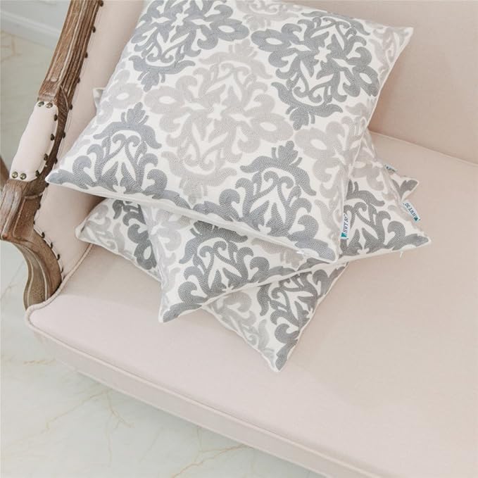 HWY 50 Gray Grey Decorative Throw Pillow Covers 18x18 Inch, Pack of 2 Embroidered Linen Farmhouse Cushion Cover Pillow Case for Sofa Couch Living Room Bed Bedroon, Accent Geometric-Ruum Studio Home