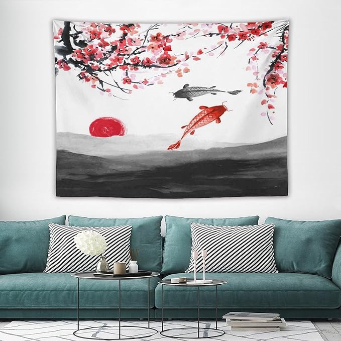 Houselerax Japanese Koi Fish Tapestries, Cherry Blossoms Asian Oriental Flower Branch Koi Fish Carp Tapestry Wall Hanging for Bedroom Living Room Office Decor 80"x60"-Ruum Studio Home
