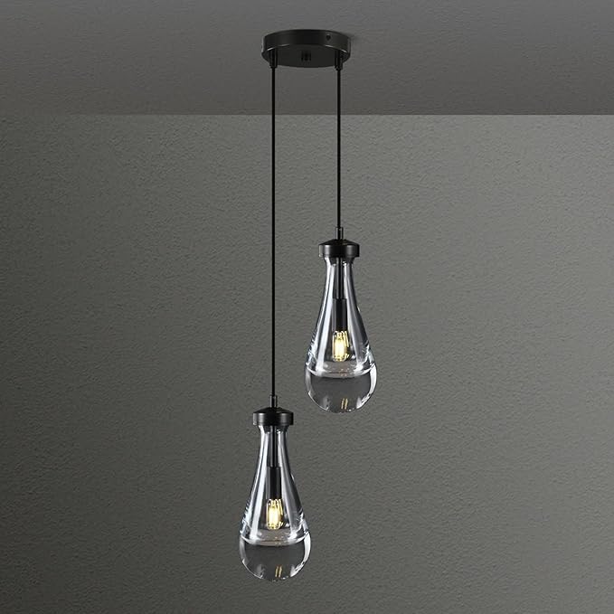 Black Raindrop Pendant Lights Kitchen Island, Bronze 2-Light Cluster Pendant Light for Dining Room, Dimmable Hanging Pendant Lighting Bedroom Light Fixture Ceiling Chandelier for Foyer-Ruum Studio Home