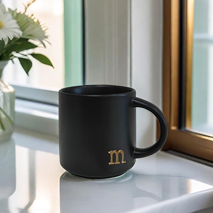 COLLECTIVE HOME - Black Monogram Ceramic Mugs, 15 oz Golden Initial Coffee Cups, Elegant Alphabet Tea Mugs, Personalized Halloween Mug with Gift Box, Perfect for Office and Home Décor (m)-Ruum Studio Home
