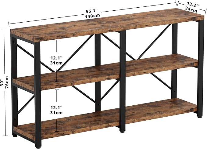 IRONCK Rustic Entryway Console Table, Long Hallway Table 55 in 3-Tier, TV Stand Entertainment Center Media Stand for Living Room, Industrial Style, Vintage Brown-Ruum Studio Home