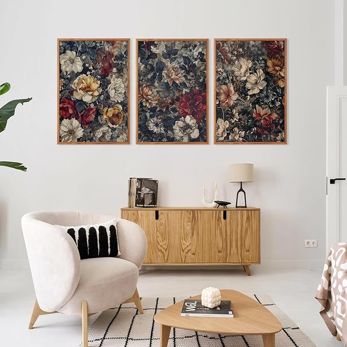 Aurlan Dark Moody Boho Wildflowers Wall Art Set(16"x24"), 3 Pieces Vintage Mid Century Modern Floral Framed Canvas Artwork, Large French Penoy Botanical Wall Decor for Office Bedroom Living Room-Ruum Studio Home
