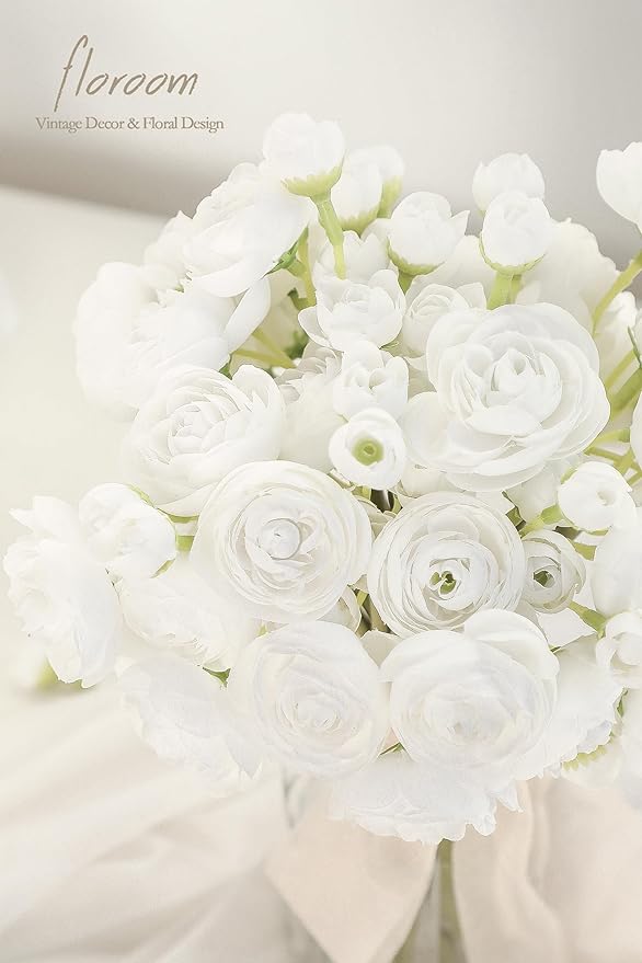 Floroom Ranunculus Artificial Flowers 18 Pcs White Faux Silk Mini Ranunculus Bulk Fake Wedding Filler Flowers for DIY Bouquets, Centerpieces, Bridal Shower Decorations & Arrangements-Ruum Studio Home