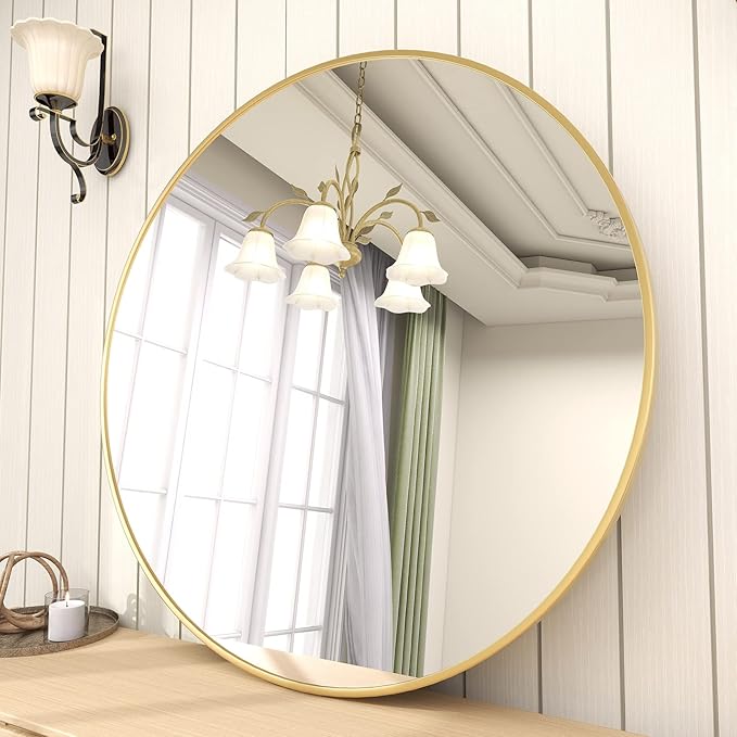 BEAUTYPEAK Circle Mirror Gold 36 Inch Wall Mounted Round Mirror with Brushed Metal Frame for Bathroom, Vanity, Living Room, Bedroom, Entryway Wall Decor (Gold, 36 Inches)-Ruum Studio Home