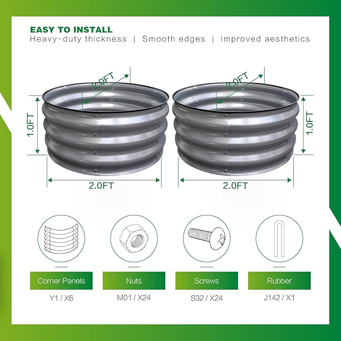 GARDMAX 2 Pack 2x2x1FT Galvanized Round Raised Garden Bed Kit, Metal Planter Boxes Outdoor with Easy Assembly, Large Garden Bed for Vegetables, Fruits, Flower, Herbs Silver-Ruum Studio Home
