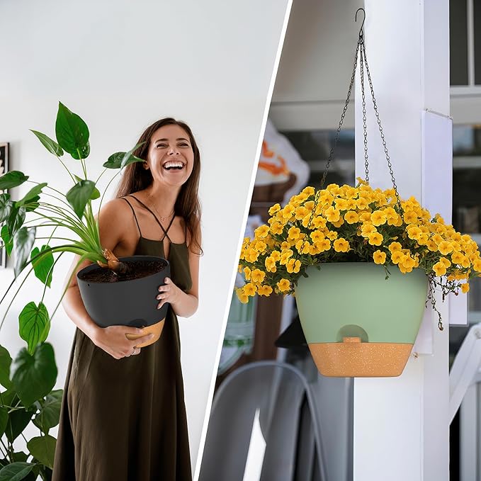ZMTECH 12 Inch Hanging Planters for Indoor Outdoor Plants, 1 Pack Self Watering Hanging Plant Pots with Drainage Holes and Removable Saucer, Plastic Flower Hanging Pots with Watering Lip (Black)-Ruum Studio Home