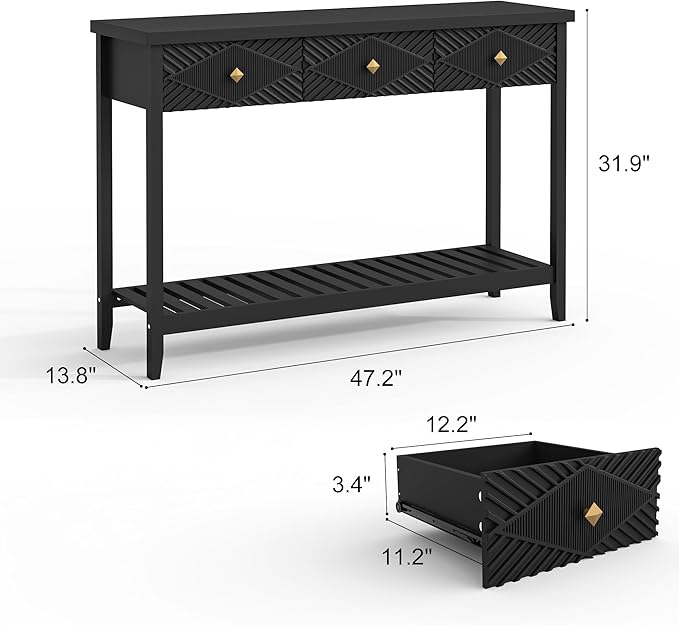 47" Console Table with 3 Drawers, Fluted Narrow Long Entryway Table with Storage Shelf, Accent Table for Entryway, Living Room, Behind Couch, Foyer, Hallway, Office-Ruum Studio Home