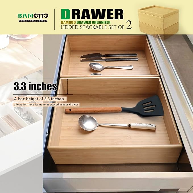 Stackable Bamboo Drawer Organizer Set – 2 Boxes with 1 Lid | Wood-Laminated Trays for Kitchen Utensils, Silverware & Flatware – Storage Fits Cabinets, Pantry, Bathroom & Office | 10.2"x7.3" (2-Pack)-Ruum Studio Home