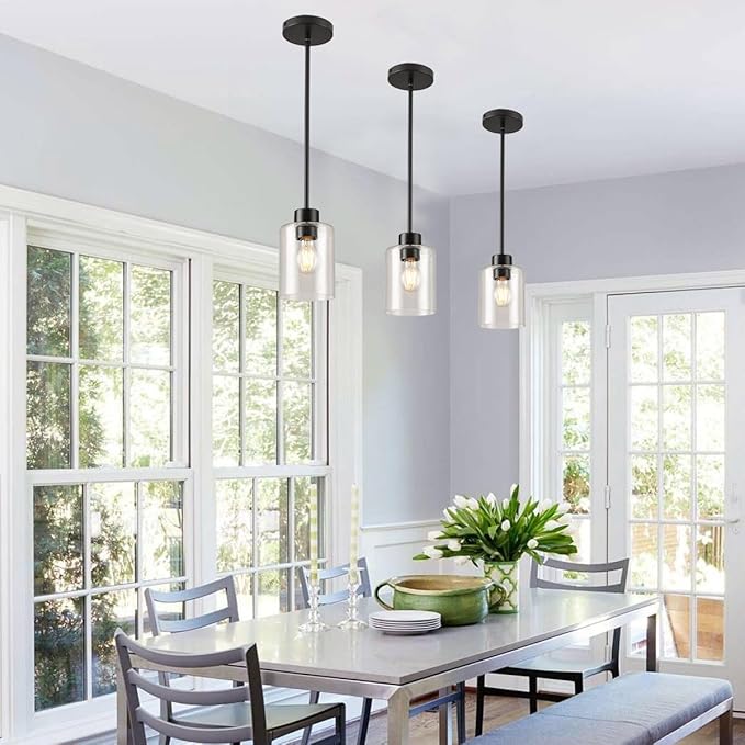 Black Pendant Lights Kitchen Island - Seeded Glass Pendant Light Fixture Multiple Stems Rods (3 Pack with Rod seeded Glass)-Ruum Studio Home
