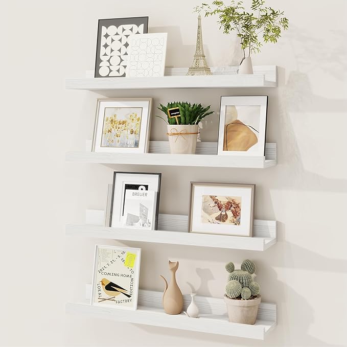 Picture Ledge Shelf, Solid Pine Wood Floating Shelves Set of 4, 16 Inches Nursery Book Shelves for Toys Storage, Kids Bookshelf Wall Mounted for Living Room Decor Photo Frames, White-Ruum Studio Home