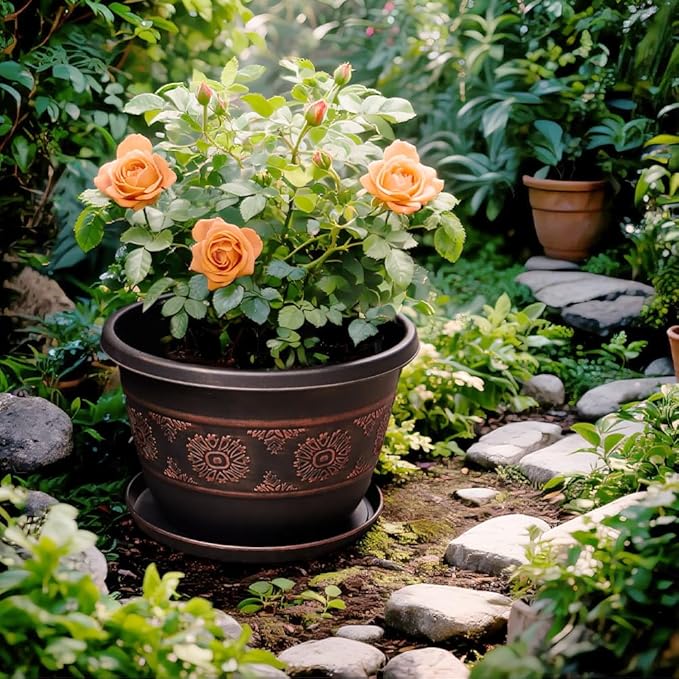 4 Pack 10 inch Plant Pots, Retro Pattern Planters with Drainage Holes and Saucer, Sturdy Plastic Garden Flower Pots for Indoor & Outdoor Plants-Ruum Studio Home