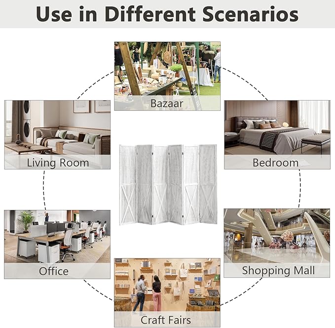 6 Panel Pegboard Room Divider, 5.6Ft Pegboard Display Folding Privacy Screens, Wood Room Divider Peg Board Display Freestanding for Trade Show Craft Show Home Wall Organizer, Retro White-Ruum Studio Home