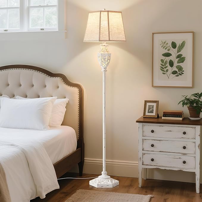 Luvkczc Rustic Floor Lamp - Resin Carved Base with Hollow Night Light, Farmhouse Cottage Decor, Vintage Standing Lamp for Living Room, Bedroom (Includes Bulb)-Ruum Studio Home