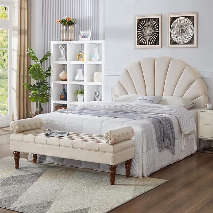 24KF Stunning Crown Design Queen Headboard, Upholstered Soft Velvet Petal Pattern Headboard Queen/Full-Beige-Ruum Studio Home