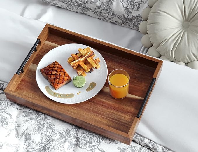 Acacia Wood Set of 2 Serving Tray with Metal Handles,Ottoman Decorative Trays Platter for Coffee Table,Living Room,Bar,Party-Ruum Studio Home