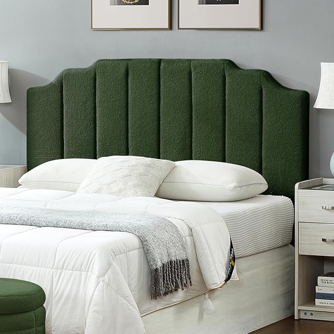 24KF Dark Green Teddy Fabric Tufted for Queen Upholstered Headboard, Modern Vertical Channel Design Full Headboard with Stepped Silhouette Top Edge, 6026-Q-Teddy Dark Green-Ruum Studio Home