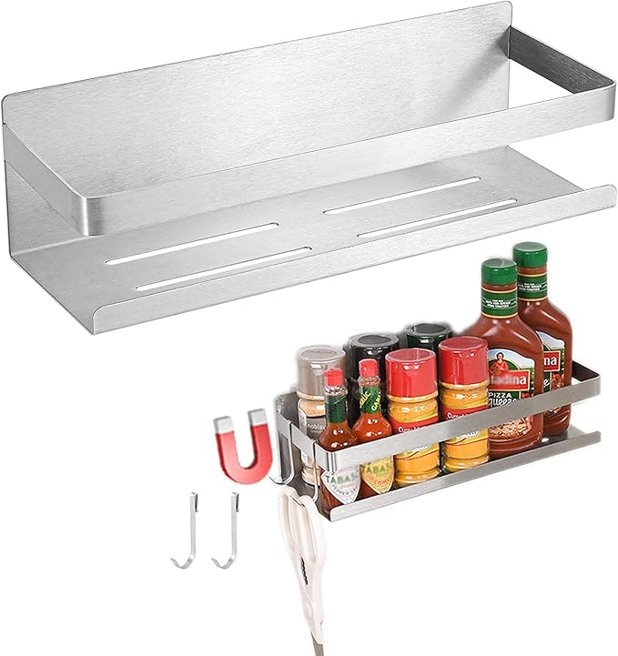 Magnetic Spice Rack for Refrigerator Spice Organizer, Strong Magnetic Shelf with 2 Removable Hooks Space Saver for Refrigerator and Microwave Oven, Metal Fridge Shelf(1 pack Silver)-Ruum Studio Home