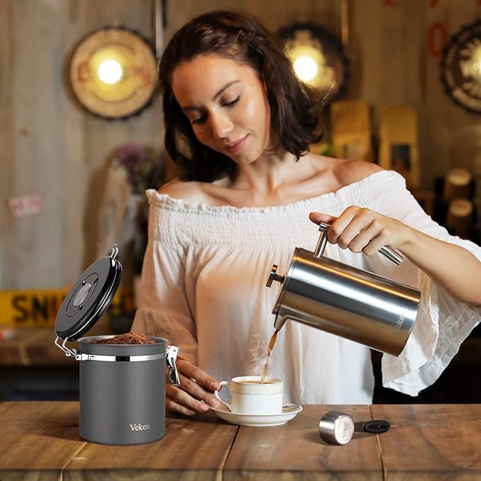 Veken Coffee Canister, Airtight Stainless Steel Kitchen Food Storage Container with Date Tracker and Scoop for Beans, Grounds, Tea, Flour, Cereal, Sugar, Cookies Jars, 16OZ Gray-Ruum Studio Home