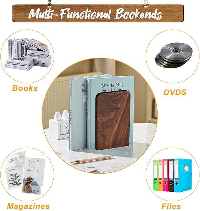 Book Ends, Black Walnut Wooden Bookends for Shelves - Heavy Duty Non-Slip Book Organizers, Upgraded Large Decorative Bookend Holders for Home, Kitchen, Office, Set of 2, Large-Ruum Studio Home