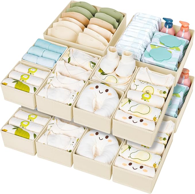 DIMJ Drawer Organizer Clothes 15 Pack - Foldable Baby Organizers and Storage & Dresser Organizer for Bedroom, Closet - Nursery Organization Dresser Dividers for underwear, Sock,Bra, Belt, Tie, Beige-Ruum Studio Home