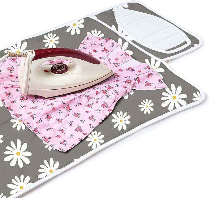 Encasa Homes Ironing Mat/Pad (Small 28"x20") with 3mm Padding & Silicone Iron Rest for Steam Pressing on Tabletop or Bed - Heat Resistant, Portable, Quilting & Travel Blanket - Daisy Grey-Ruum Studio Home