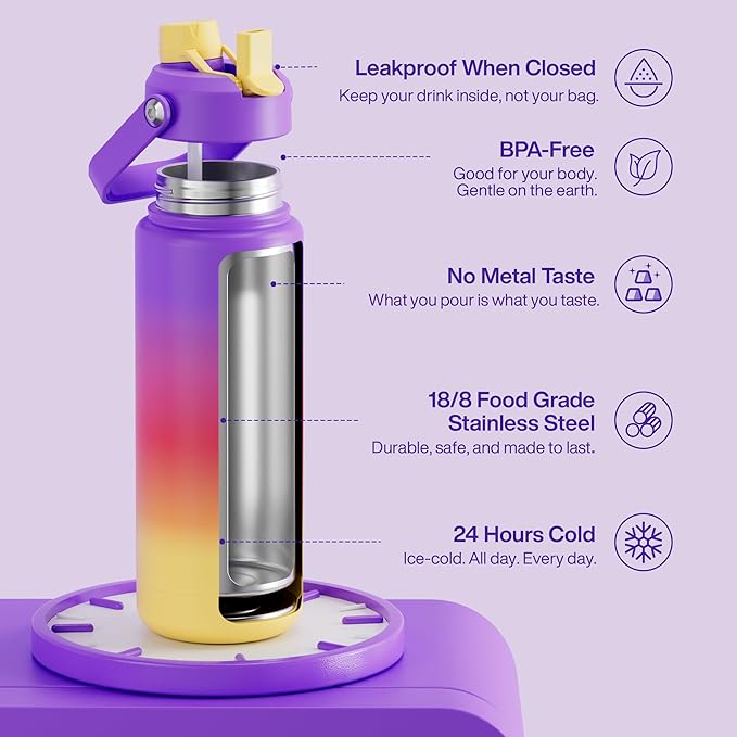 Insulated Water Bottle with Straw Stainless Steel Water Bottle, Leak-Proof, BPA-Free, Double Wall Vacuum Keeps Cold for 24 Hours for Sports, Travel, School (32 oz, Peach Dream)-Ruum Studio Home