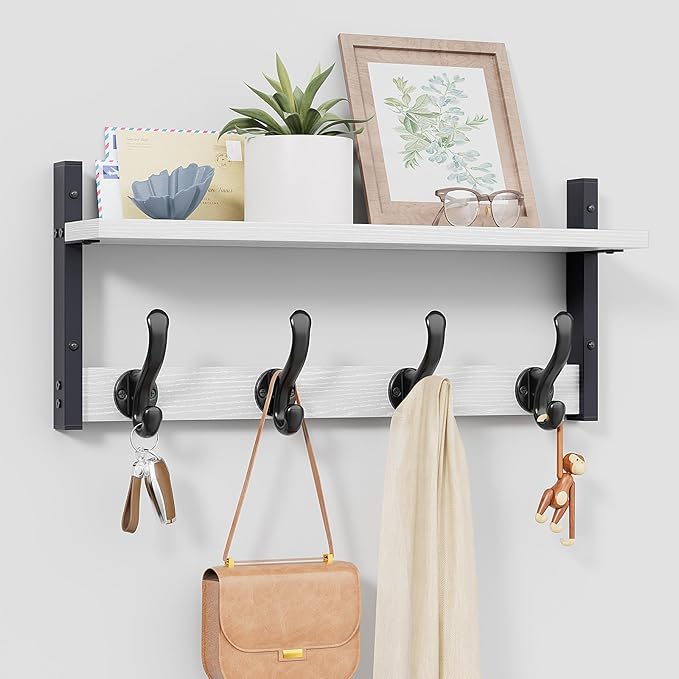 Tatub 20" Rustic Coat Rack Wall Mount with Shelf, Wall Hooks with Shelf, Heavy Duty Entryway Organizer Hangers for Hanging, Hat, Bag, Jacket for Bathroom, Living Room, Bedroom, White-Ruum Studio Home