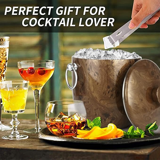 Ice Bucket with Lid, Scoop, Tongs and Strainer - Well Made Insulated Stainless Steel Keep Ice Frozen Longer - Ideal for Cocktail Bar, Parties, Chilling Wine, Champagne - 3 Liter (Teakwood)-Ruum Studio Home
