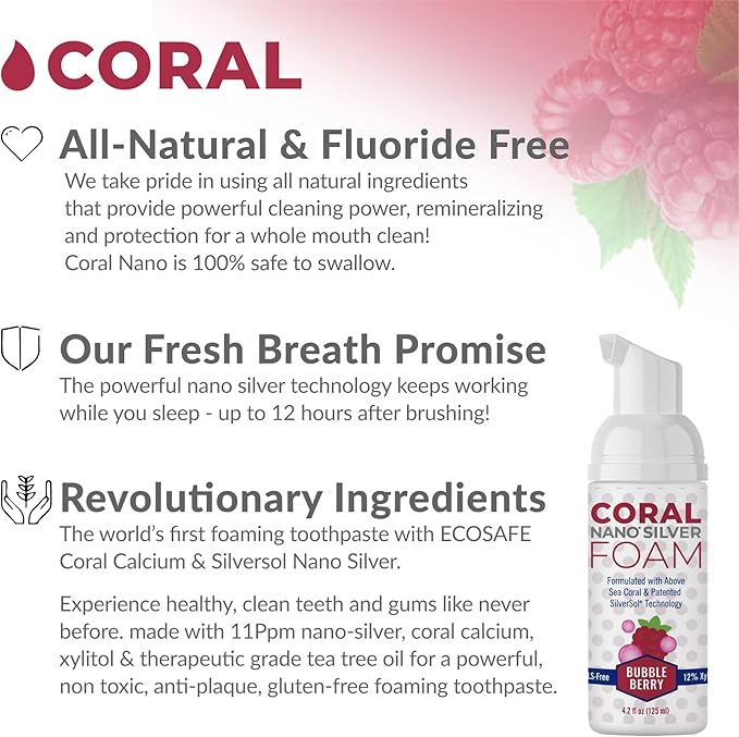 Coral Nano Silver Kids Fluoride Free Foaming Bubble Berry Coral Calcium Toothpaste, Natural Formula, SLS and Glycerin Free - 4 Ounce-Ruum Studio Home