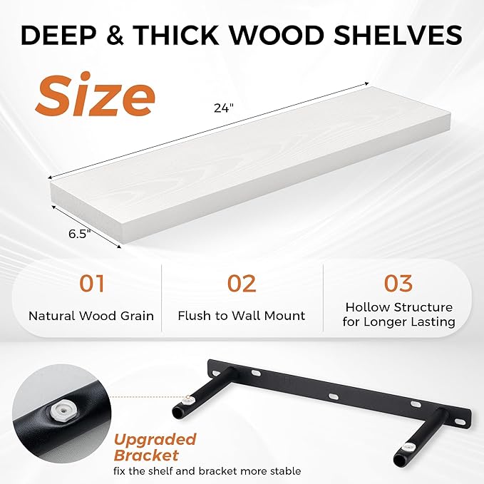 Fun Memories Floating Shelves for Wall, 24" Rustic Wood Deep Wall Mounted Shelves with Invisible Brackets for Decor & Storage, Floating Shelf for Living Room, Bathroom (White, Set of 2)-Ruum Studio Home