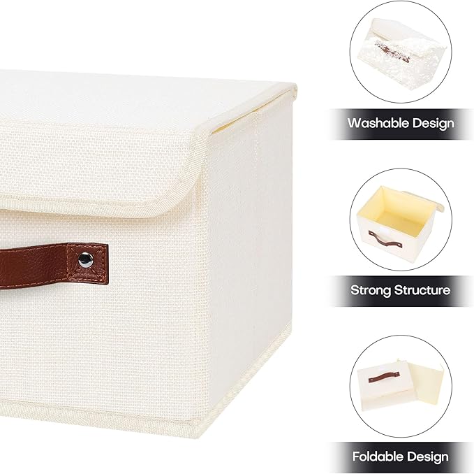 ANMINY 2PCS Storage Bins with Lid PU Leather Handles Storage Boxes PP Plastic Board Decorative Foldable Lidded Cotton Linen Fabric Home Cubes Baskets Closet Organizer Containers - Beige, Small Size-Ruum Studio Home