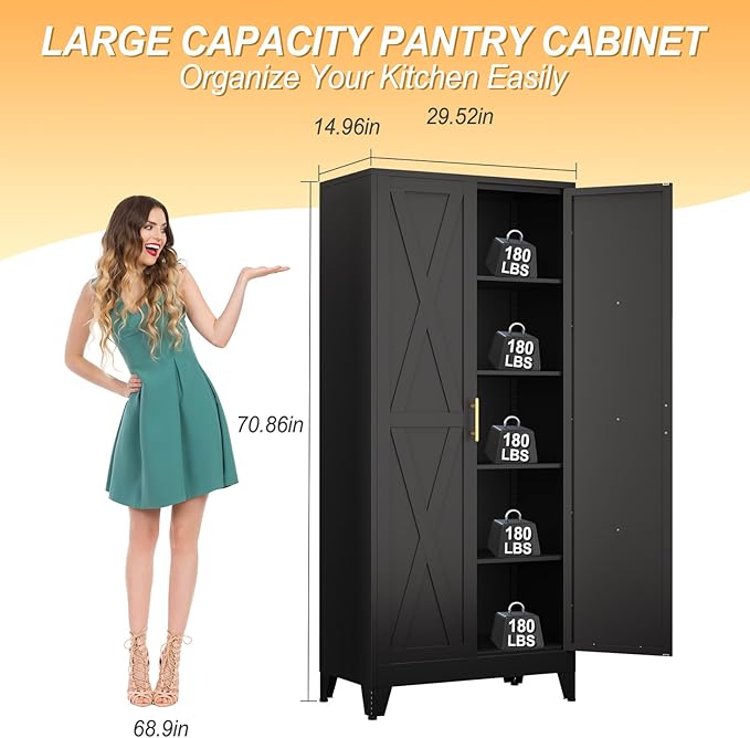 71" H Metal Kitchen Pantry Storage Cabinet, Freestanding Cupboard with 2 Doors and 4 Adjustable Shelves, Standing Storage for Kitchen, Bathroom, Garage, Dinning Room or Utility Room（Black）-Ruum Studio Home