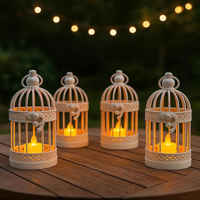 Vela Lanterns Bird Cage Decor Candle Holder Lantern Decorative Wedding Table Centerpiece Decorations, White, Small, Set of 4-Ruum Studio Home