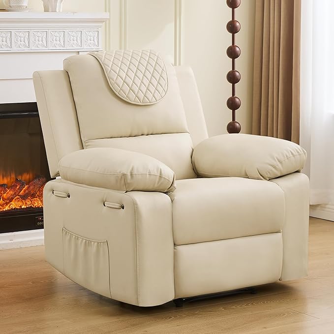 Recliner Chair with Electric Massage Adjustable Footrest & Heat, Manual Leather Recline for Adults Living Room Remote Control (Beige)-Ruum Studio Home