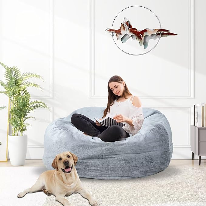 Bean Bag Chair for Adults 3FT,Soft Removable Cover for Teens/Girls Bedroom,Fluffy Giant Round Floor Beanbag Lounger Chairs (No Filler,Light Gray)-Ruum Studio Home
